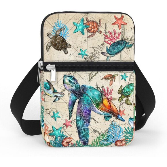 Sea Turtle Map Water-Resistant Canvas Crossbody Phone Bag with Adjustable Strap - Picture 1 of 8